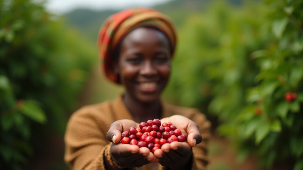 Coltivatrice di caffè etiope con bacche di caffè mature
